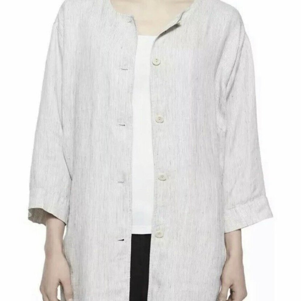 Eileen Fisher Bone Slub Stripe 100% Organic Linen Long Jacket Small 1585